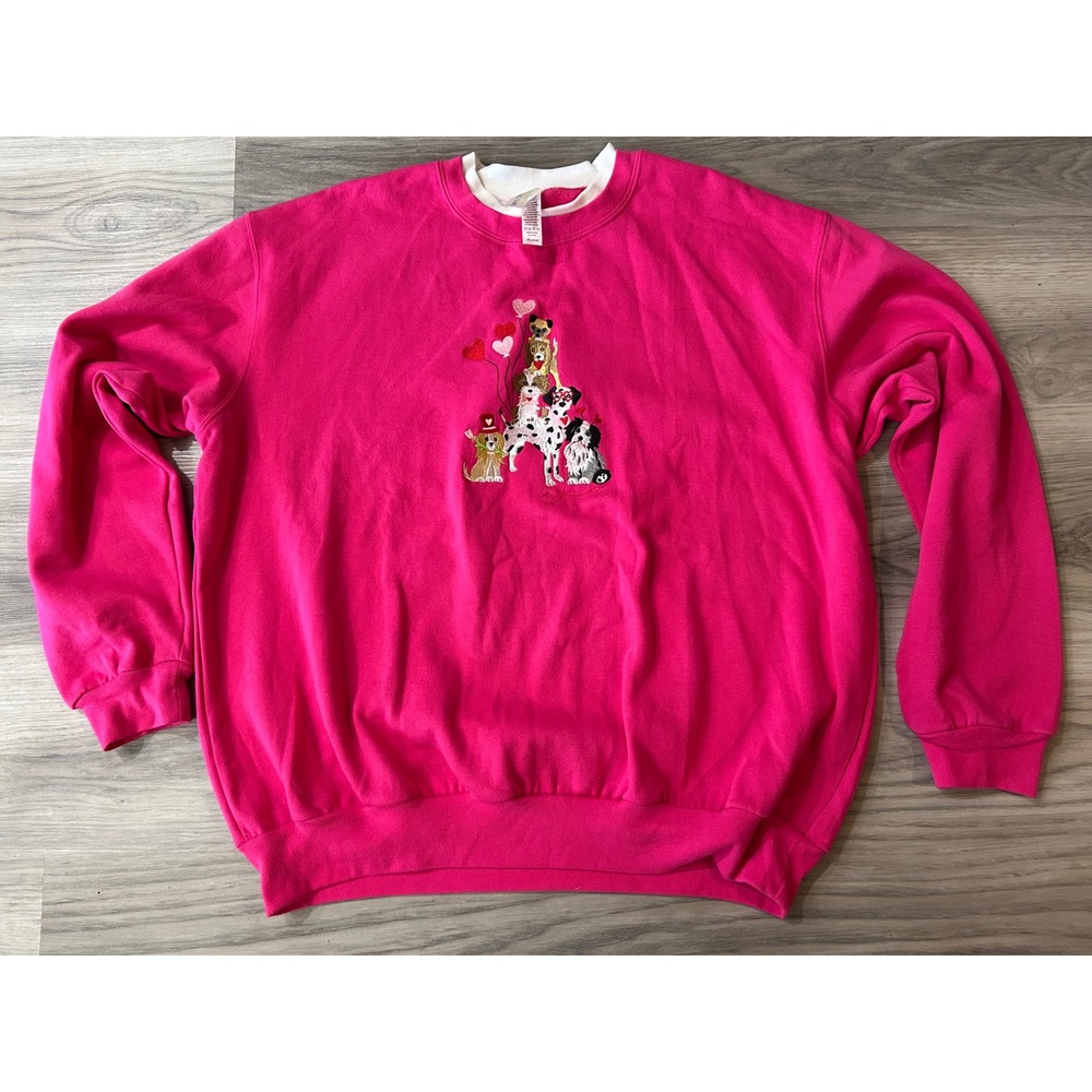 Morning Sun Womens Dog Stack Embroidered Sweatshirt Cotton 2XL Pink hearts